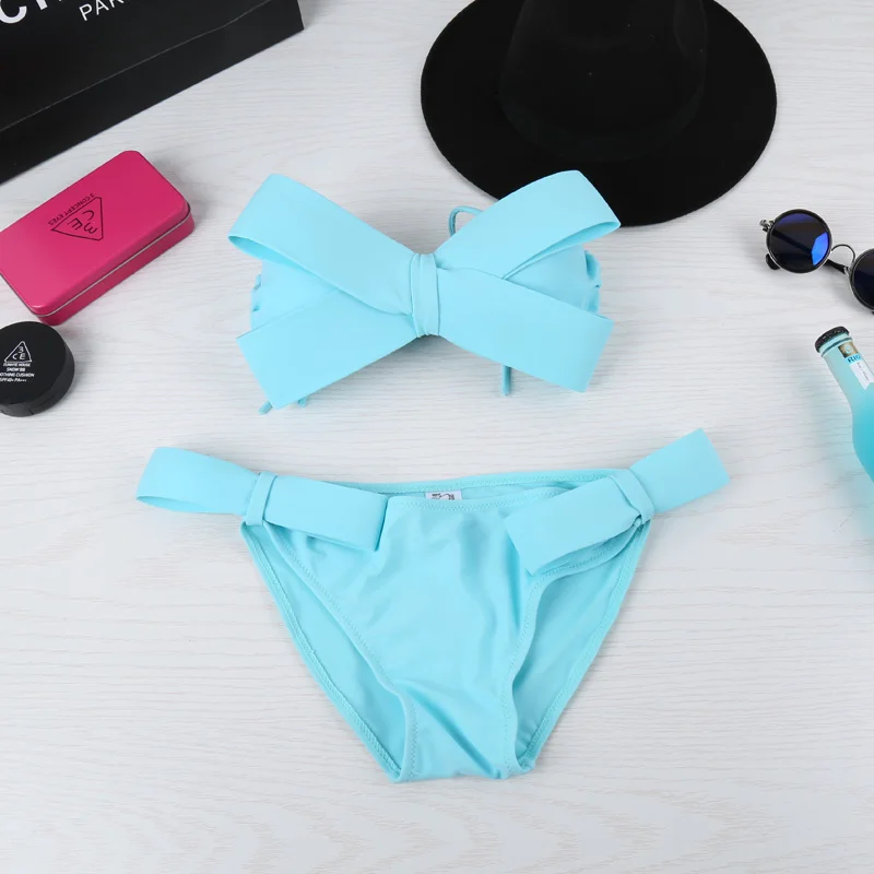 Günstige Big Bowknot Bikinis Frauen 2019 Push Up Bandeau Badeanzug Weibliche Solide Sexy Bademode Rock Badeanzug Badenden Mayo Strand Sommer