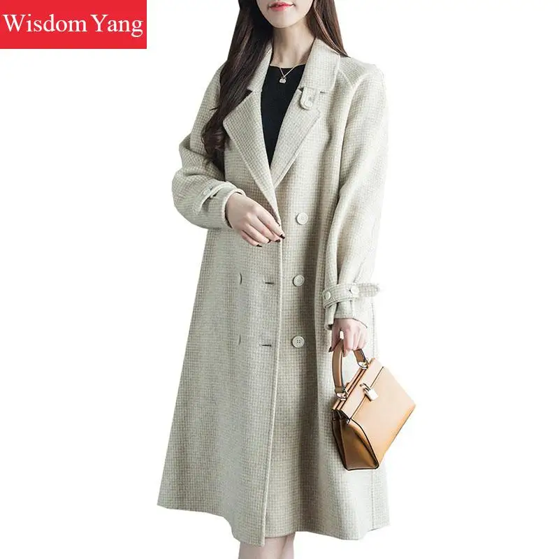 

Winter Warm Coat Khaki Beige Plaid Houndstooth Sheep Wool Korean Coats Long Women Oversize Belt Woolen Overcoat Lady Outerwear