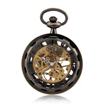 

Open Face Grey Skeleton Steampunk Hand Wind Mens Pocket Watch W/Chain Luxury Timepiece Reloj De Bolsillo