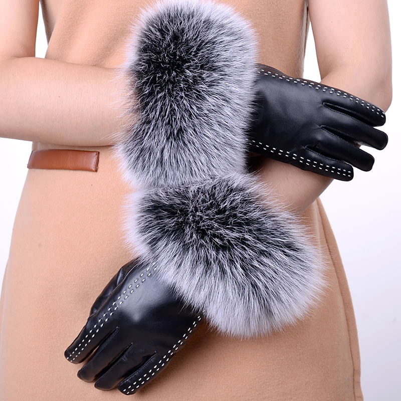 Кожаные перчатки женские зимние корейские милые лисий мех теплые вождения плюс бархатные толстые сенсорные перчатки из овчины женские