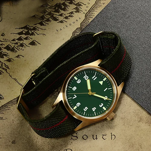 Мужские автоматические часы-пилот San Martin, винтажные наручные часы для дайвинга 200 м, водостойкие часы из сапфирового стекла, бронзовый чехол, часы для мужчин и женщин - Цвет: Green dial