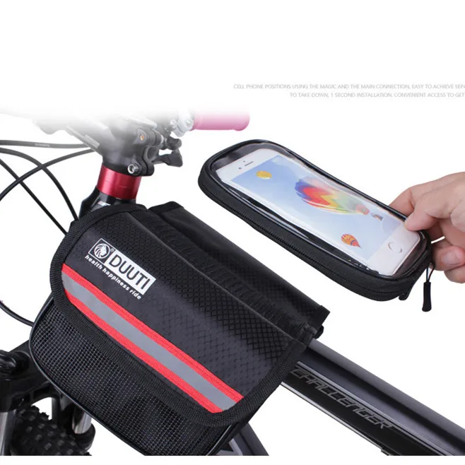 Excellent 5 Color Waterproof Touch Screen Bicycle Bags Cycling Fluorescence Band Frame Bike Front 5.0 inch Mobile Phone Tube Storage Bag 2