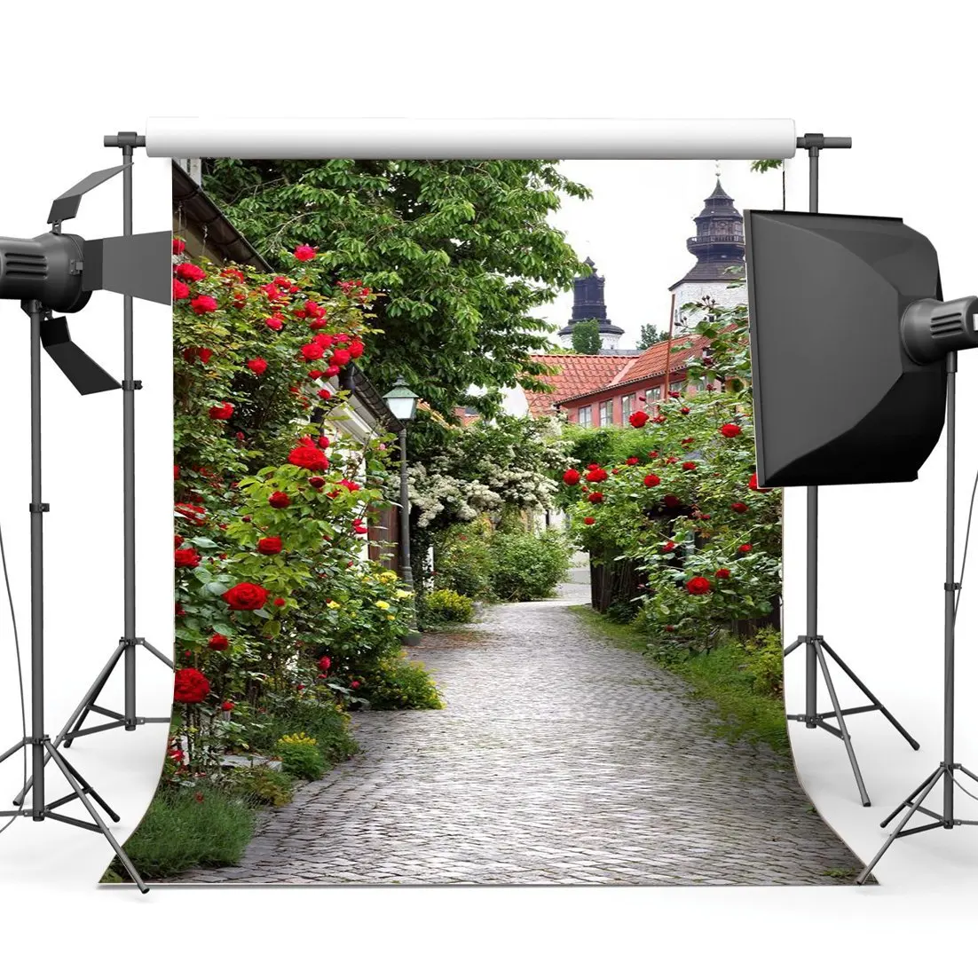 

Spring Backdrop Italy Small Town Narrow Street Backdrops Fresh Red Flowers Green Plants Shabby Brick Floor Background