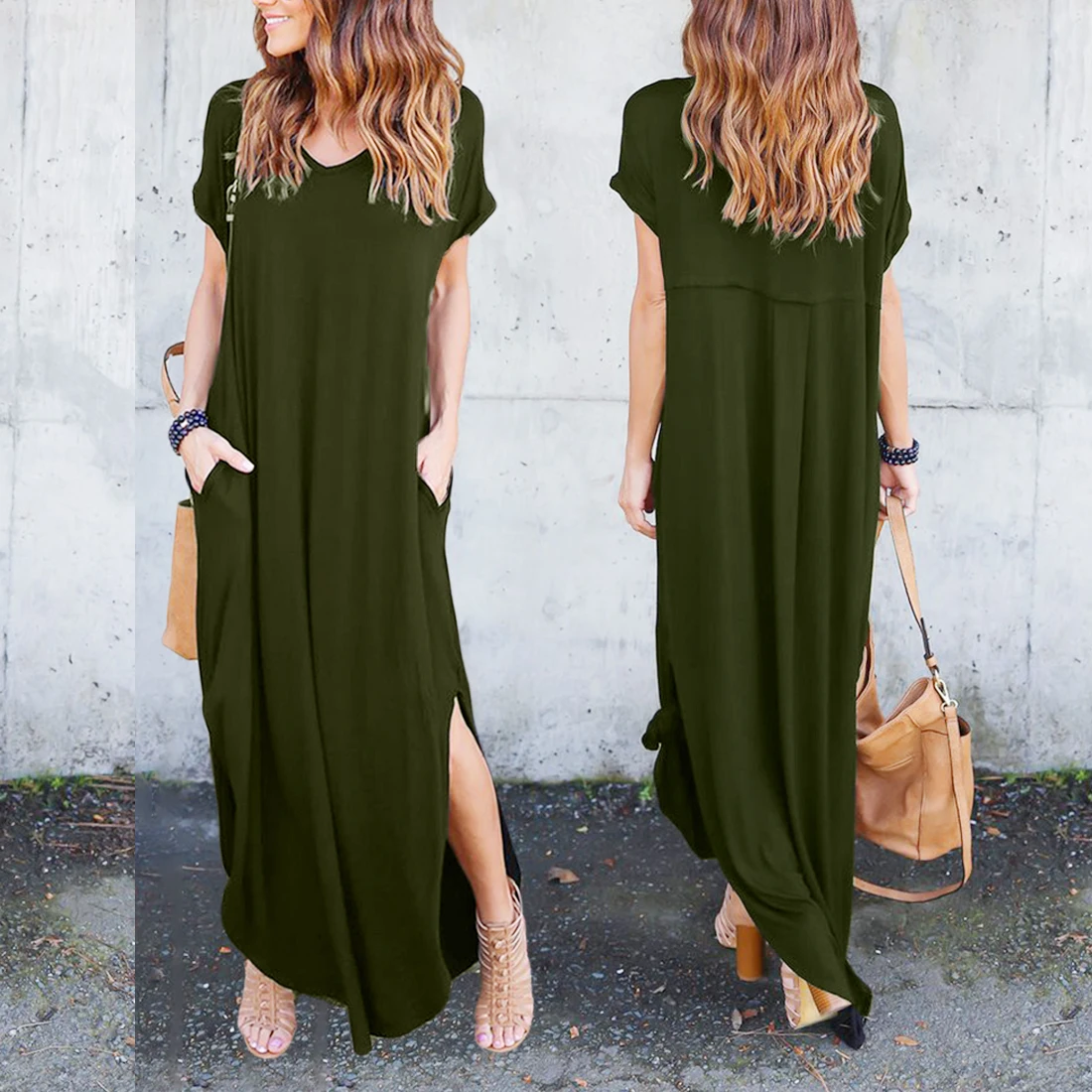 

Comfortable Women Summer Spring Solid Color Casual Short Sleeve Pocket Spilt V Neck Loose Maxi Dress