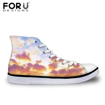 

FORUDESIGNS Women's Vulcanize Shoes Sky Clouds Print Casual High Top Canvas Shoes for Teenager Girls Student Lace-up Flat Shoes