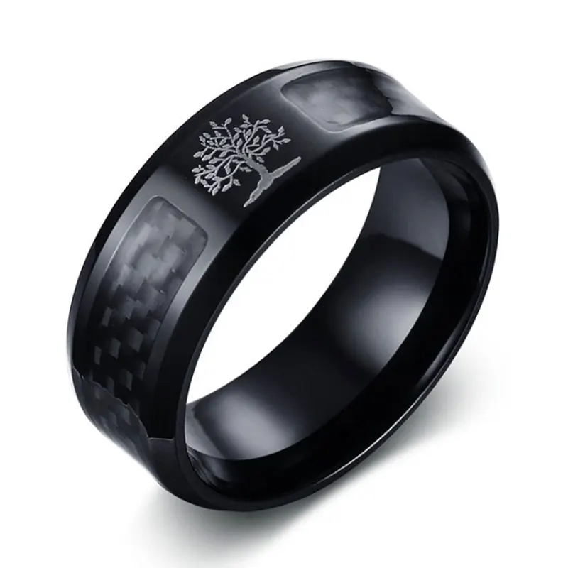 

Black Stainless Steel Carbon Fiber Life Tree Ring Vintage Personality Jewelry Men's Ring