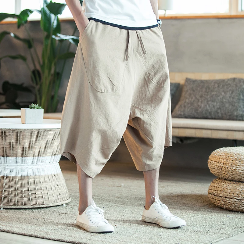 

2019 Summer Cropped Trousers Chinese Linen Long Shorts for Men Harem Pants Bermuda Casual Short Pants Loose Holiday Thailand NEW
