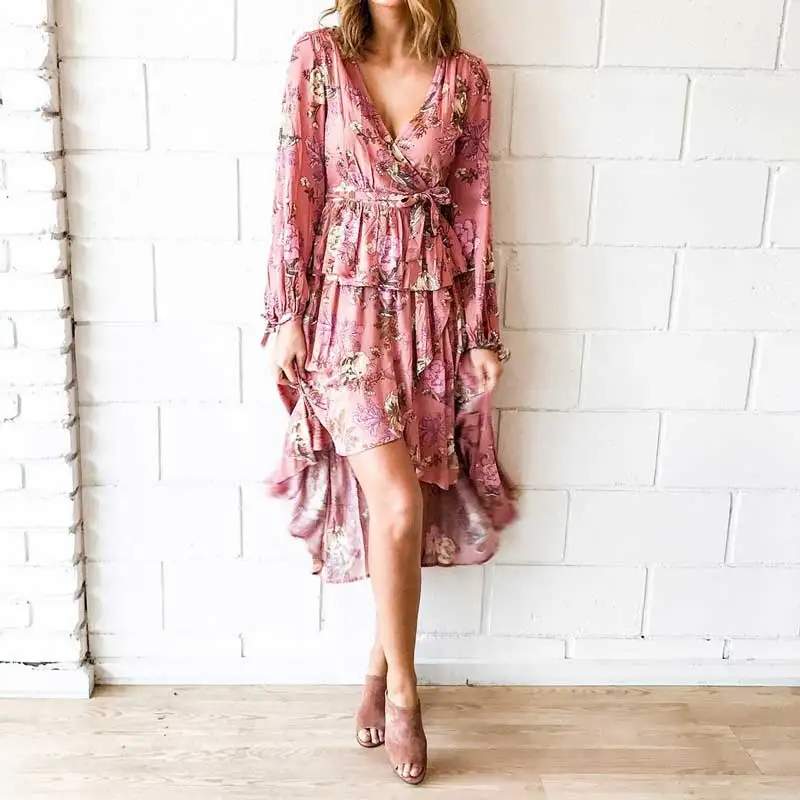 

BOHO INSPIRED skirt rosa floral print ASYMMETRICAL ruffles long skirt chic elastic waist rayon summer skirts womens 2018 saia