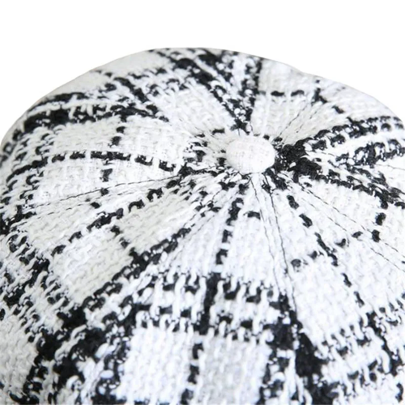 Черно-белая твидовая клетчатая шляпа Женская Зимняя кепка газетчика фетровые шапки для женщин Винтажная теплая Толстая восьмиугольная кепка 2 стиля
