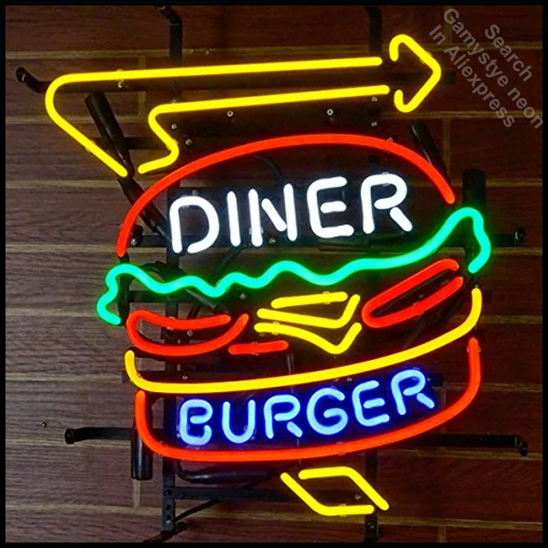 Неоновая вывеска для Diner Burger, неоновая лампа, вывеска для ресторана, неоновые огни, вывеска для отеля, Настоящая стеклянная трубка, знаковые лампочки, лампа, логотип бренда на заказ