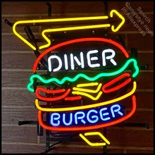 Неоновая вывеска для Diner Burger, неоновая лампа, вывеска для ресторана, неоновые огни, вывеска для отеля, Настоящая стеклянная трубка, знаковые лампочки, лампа, логотип бренда на заказ