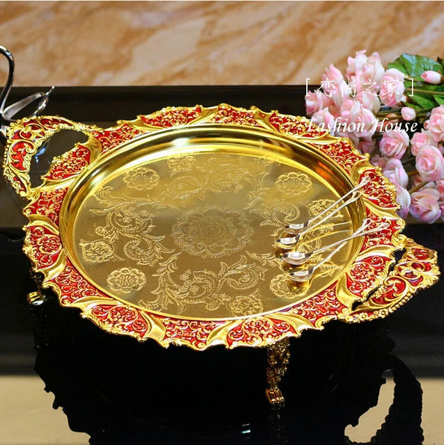 42cm Round Gold Red Embossed Metal Tray Storage With Handle 42cm Round Gold Red Embossed Metal Tray Storage With Handle Decorative Serving Trays Food