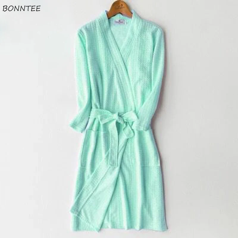 

Robes Women Elegant Soft Leisure Breathable Lady Thin Bathrobes Womens Fashion Trendy Solid V-Neck Pockets Belt Simple Nightgown