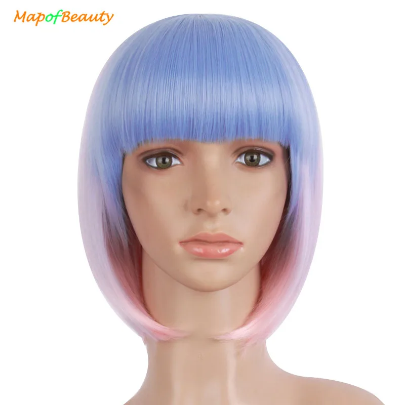

MapofBeauty Short Straight Ombre Wigs For Women Heat Resistant Full Bangs Natural Cosplay Wig Costume Party Synthetic False Hair