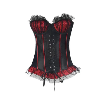 

Overbust Corset Sexy Bustier with Bra Cup Dot Mesh Ruffles S-XXL
