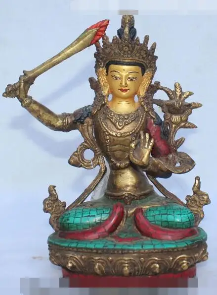

S01160 9"Nepal Tibet Bronze Gild Turquoise Red Coral Wenshu Manjushri Buddha God Statue (B0328)