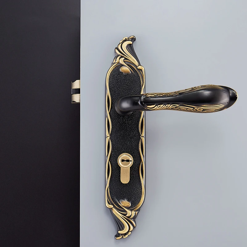  European Style Brass Door Lock for Interior Door Neoclassical Door Lever Handle Black Unequal Doubl - 33041421776