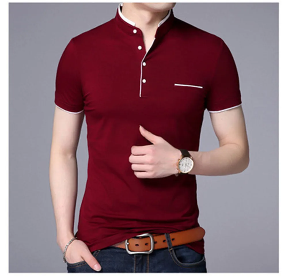 Skup 2019 wiosna lato stójka krótki biały rękaw koszulkę mężczyźni Tee topy mężczyźni odzież marki Slim bawełniane koszulki Poloshirt