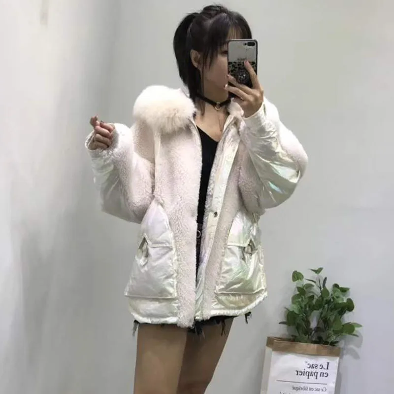 White duck down jacket sheep fur winter coat women new fashion wool blends hooded with natural geniune fox fur parka