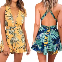 Women Beach Rompers Female 2019 Summer Lace Up Print Floral Casual Short Jumpsuit Sleeveless Bodycon Sexy Party Playsuit square neck lace up random floral print playsuit in navy