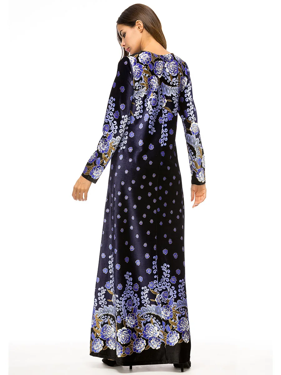 

Velour 4XL Plus Size Muslim Party Dresses Autumn Winter Long Dress Full Sleeve Floral Flower Women Vintage Elegant Maxi Dress