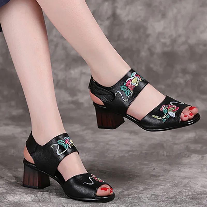 

Summer Women's Sandals Embroidered Genuine Leather Shoes Middle Heel National Style Women Hollow Sandals Peep Toe