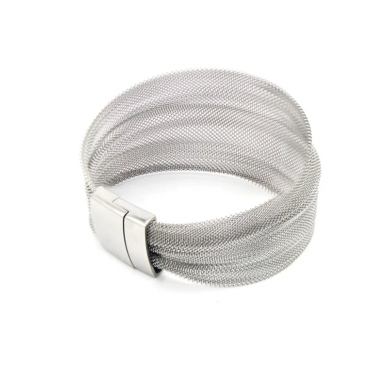 Stainless Steel Magnetic Clasp Wide Mesh Bracelet Silver Color for Women 1 Piece Jewelry Accessory 3