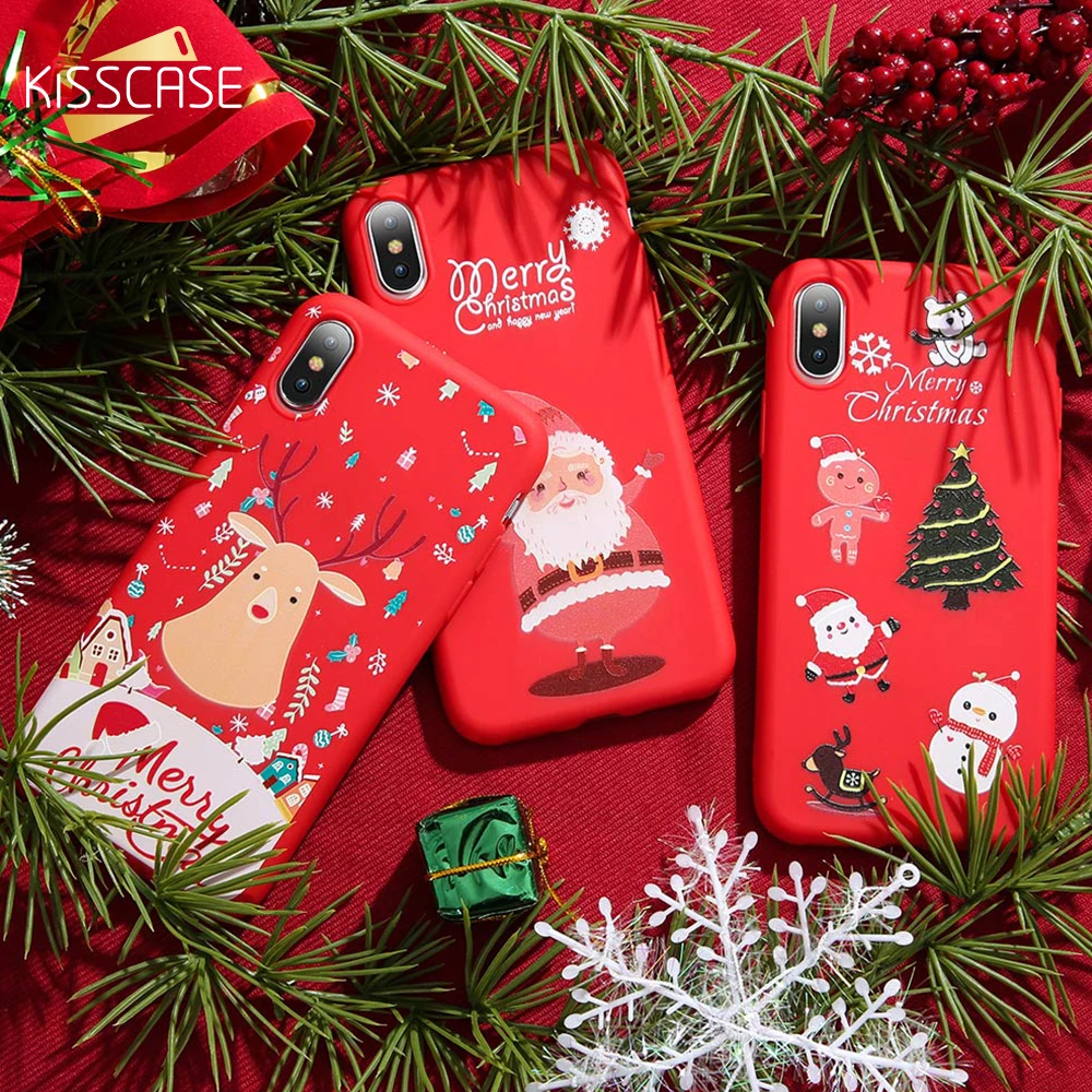 

KISSCASE Christmas Phone Case For iPhone 7 8 plus iPhone 6 S 6 5 5S SE X 3D Relief Back Cover Soft Silicone Shell Christmas Gift