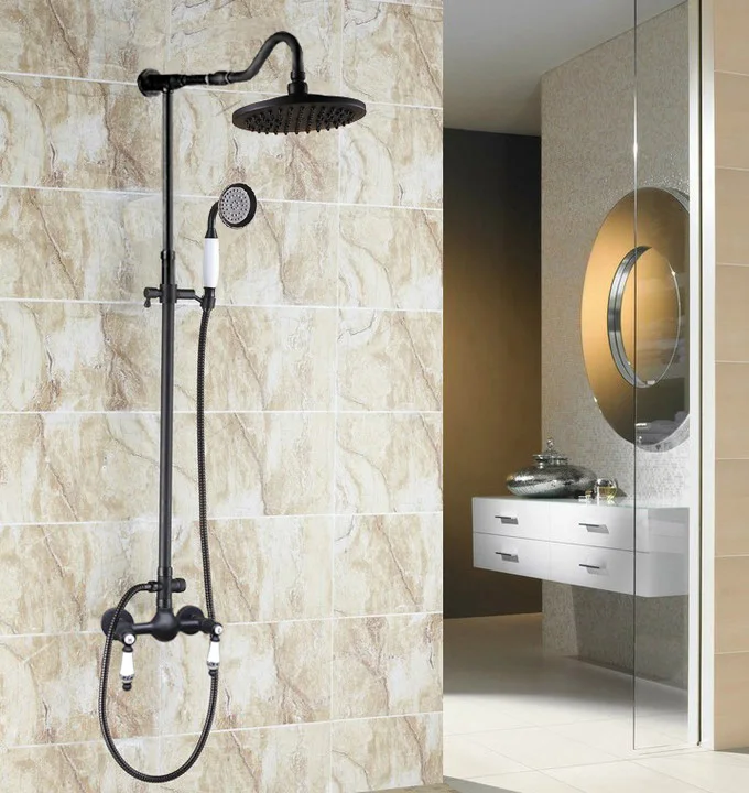 

Luxury Bathroom Rain Shower Faucet Set Black Oil Rubbed Bronze Handheld Shower Head Two Ceramics Lever Mixer Tap ars816