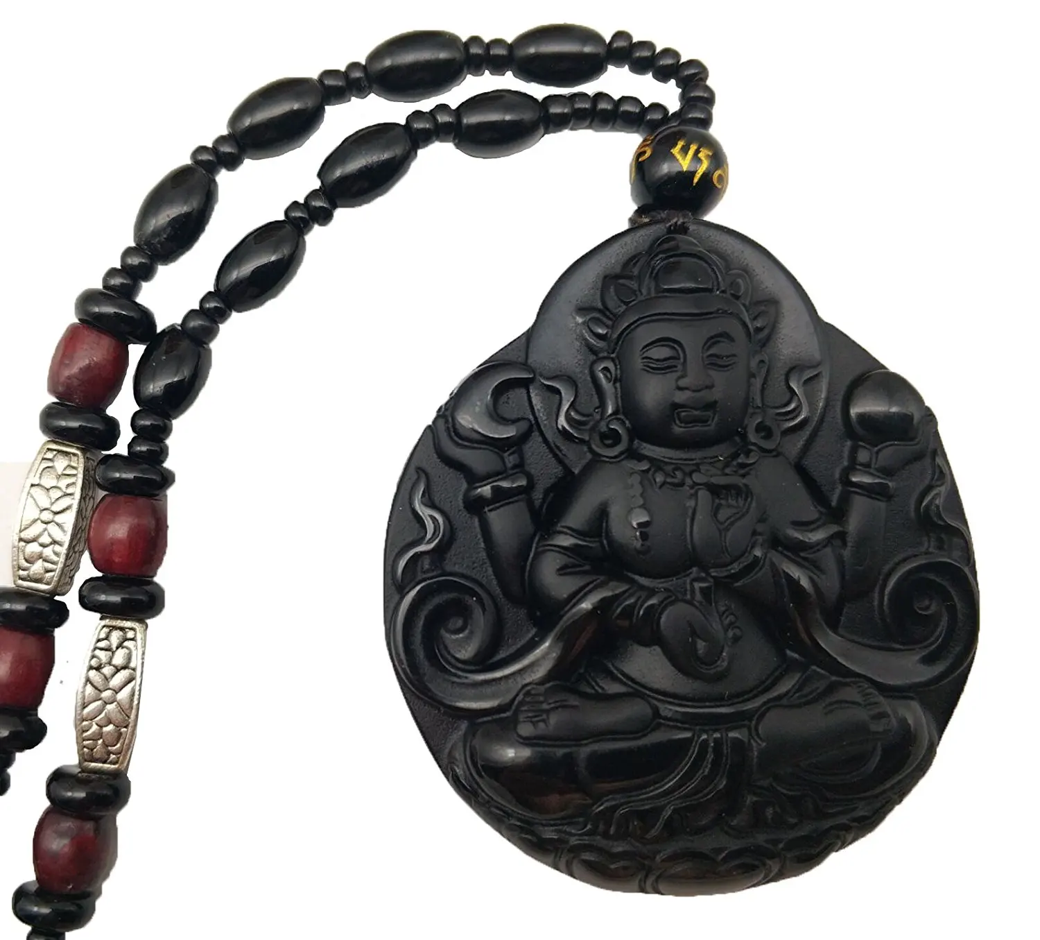 Pure Natural Obsidian Four Arm Guan Yin Kwan-yin Boddhisattva Necklace Pendant