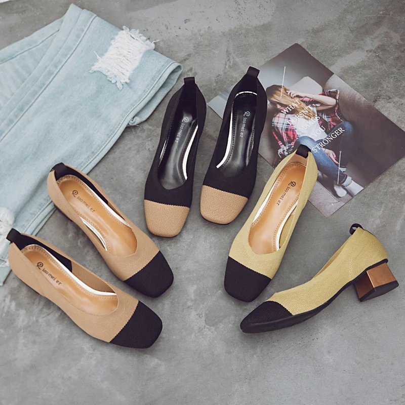 

Brand Middle High Heels Shoes Women Pumps Knitting Single Woman Dress Shoes Golden Thick Heels Square Toe Female Casual Pumps