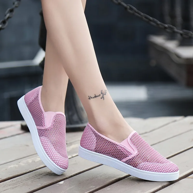 PINSEN Летняя женская обувь дышащая обувь на плоской подошве без замка Женская мода балетки, Мокасины Дамская обувь - Цвет: Розовый