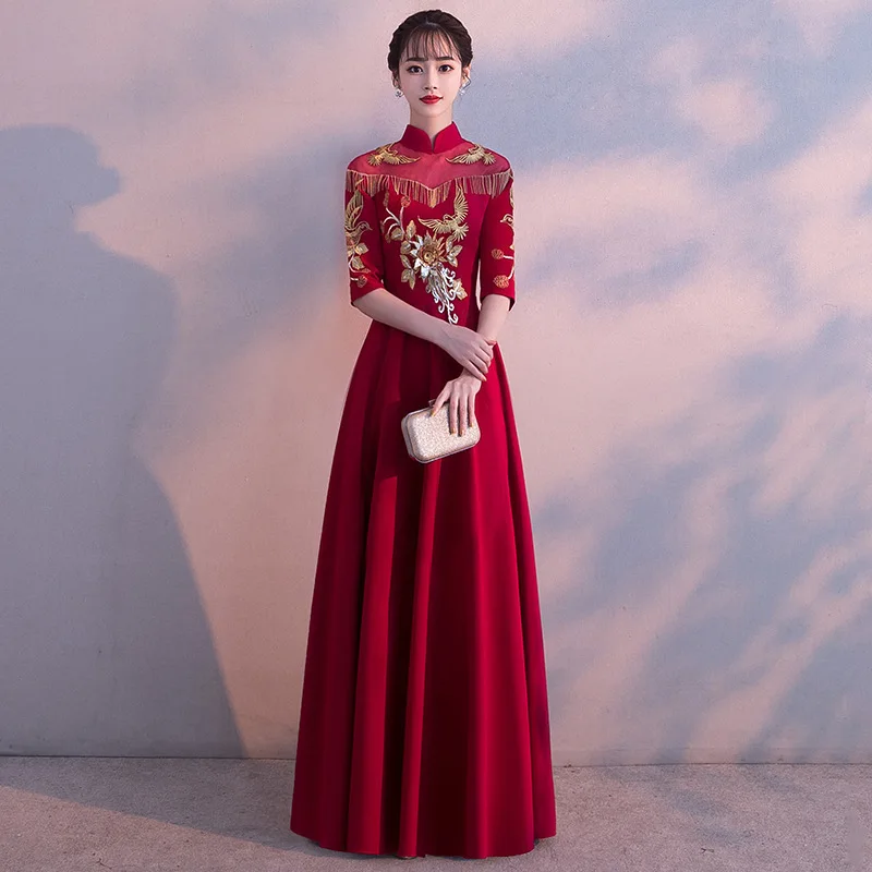 Современные красные с кисточками вышивка Cheongsam Длинные вечерние платья Qi Pao женское традиционное китайское свадебное платье Qipao Акция платье - Цвет: Long wine red