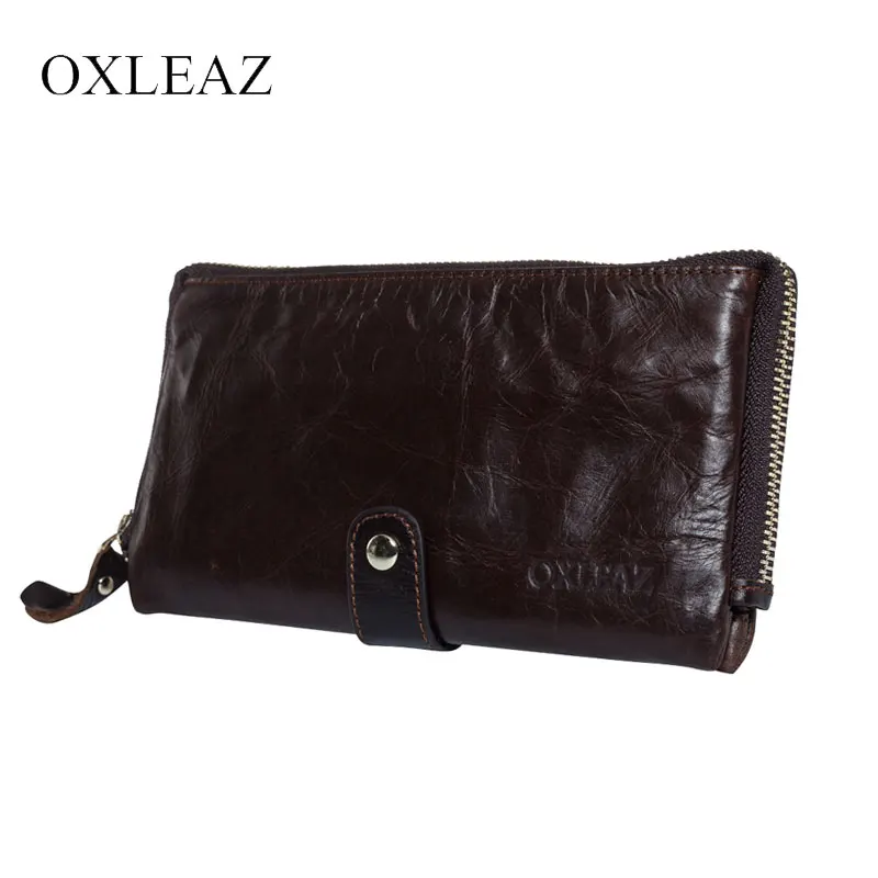 

OXLEAZ Soft Zipper Wallet Men Clutch Bag Vintage Hand Bag High Quality Long Genuine Leather Male Wallet Money Card Purse Pouch