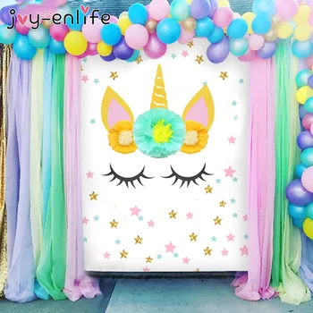 

Hot Unicorn Paper Pompom Flower Unicornio Horn Ears DIY Decoration Background Wedding Party Kids Birthday Room Decoration