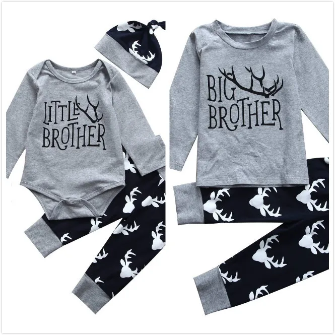 

2018 New Autumn Brothers Match Clothes Little Brother Romper Big Brother T-shirt Tops+Deer Long Pant Hat Family Match Clothing