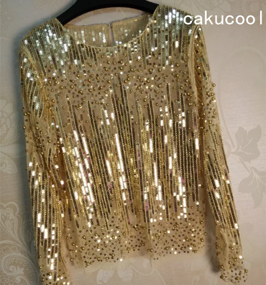 

Cakucool Women Sequined Blouse Tops See-through Sexy O-neck Mesh Blusas Long Sleeve Embroid Beading Lady Runway Blouses Shirts