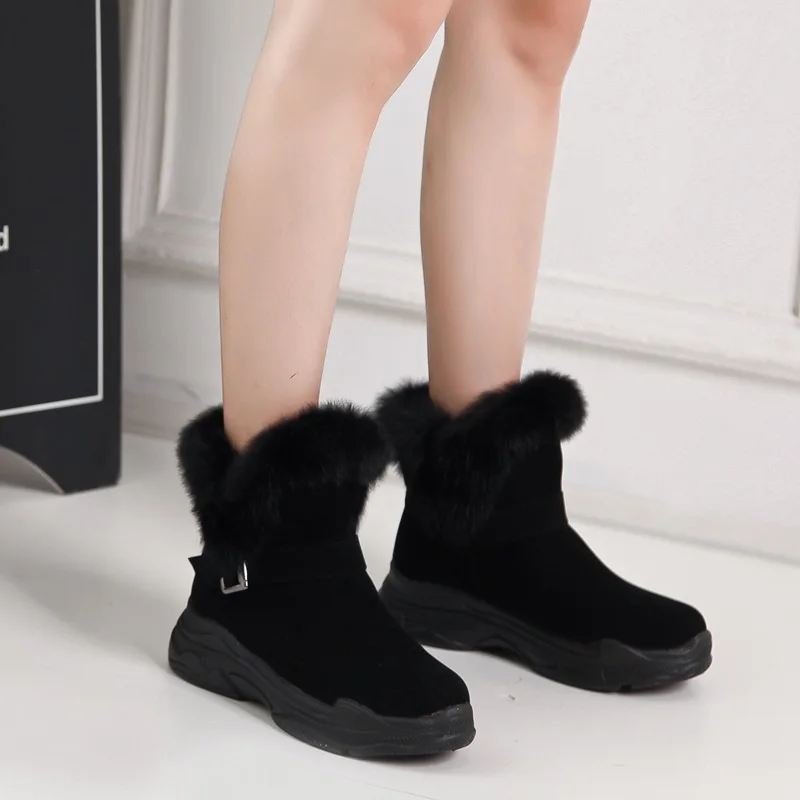 EGONERY/женские зимние ботинки новые зимние ботинки из флока на танкетке средней высоты, с пряжкой, черного и абрикосового цвета, с круглым носком, без шнуровки, зимние ботинки