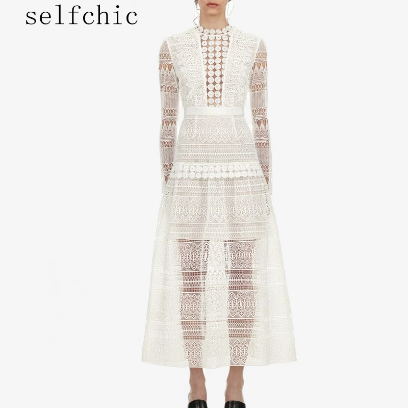 

Designer 2019 Spring Ladies White Lace Dress See Through Party Long Dresses
