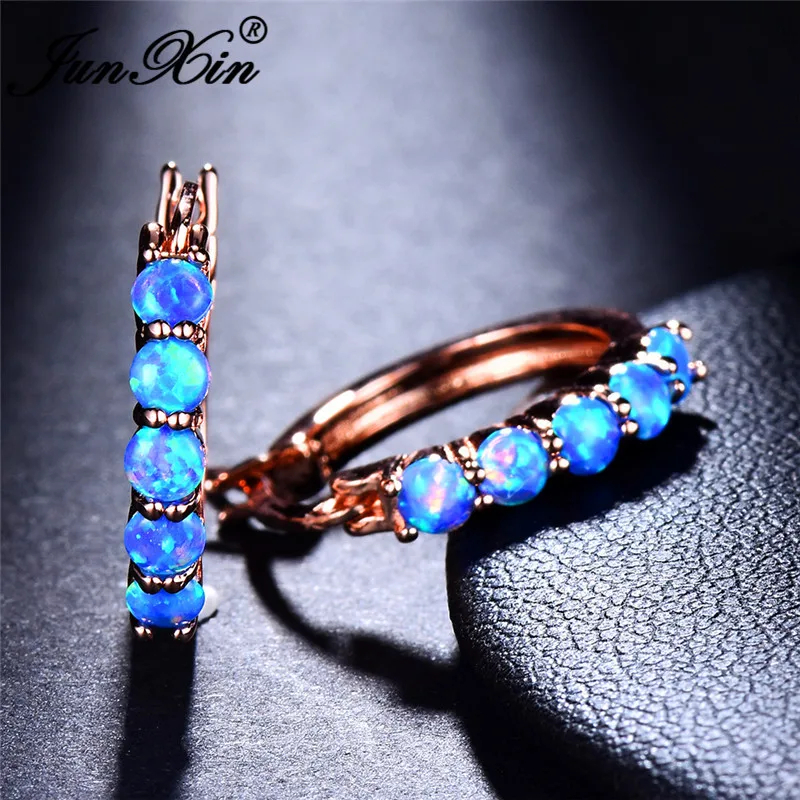 

JUNXIN Single Row Blue White Fire Opal Earrings 925 Silver Rose Gold Filled Rainbow Birthstone Round Hoop Earrings For Women