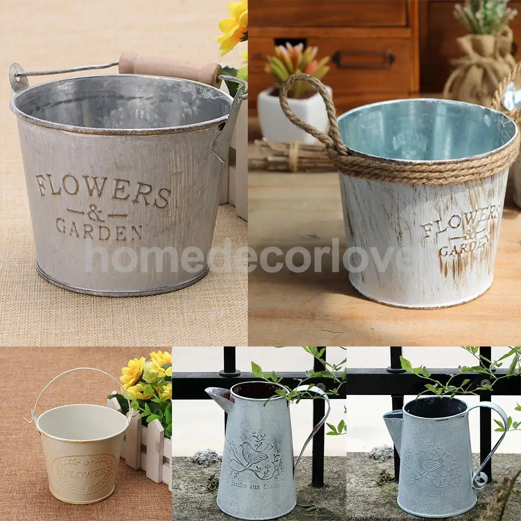 3-set Shabby Galvanised Tin Flower Plants Planter Bucket Flower Pot Vase Wall Hanging 