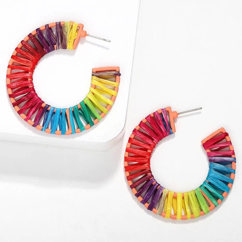 

Boho Raffia Charm Coloured Hoop Earrings for Women Hand Made Small Round Earrings 2019 Birthyday Party Couple Gifts High Quality