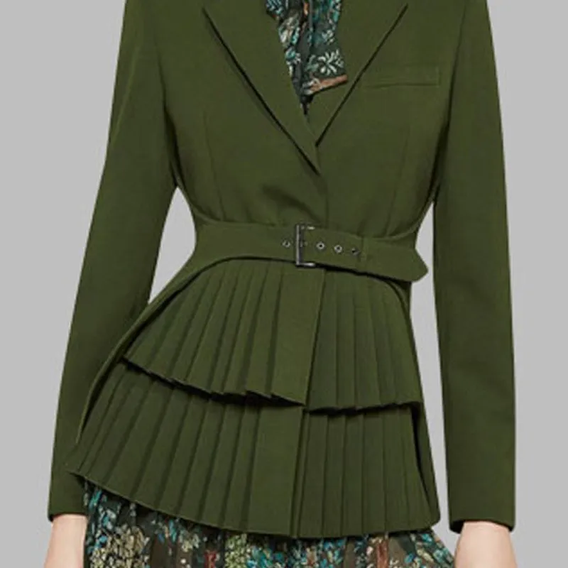 

2018 Autumn Winter Notched Long Slim Blazers Vintage Women Pleated Blazer Solid Sashes Long Sleeve Female Tops