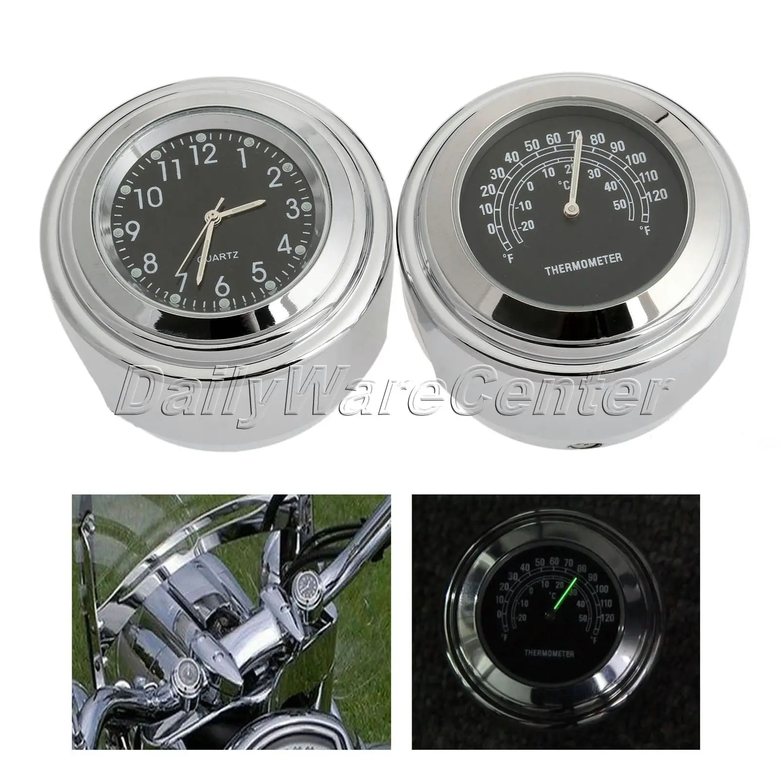 7/8" 1" Motorcycle Bike Handlebar Black Dial Clock+Black Temp
