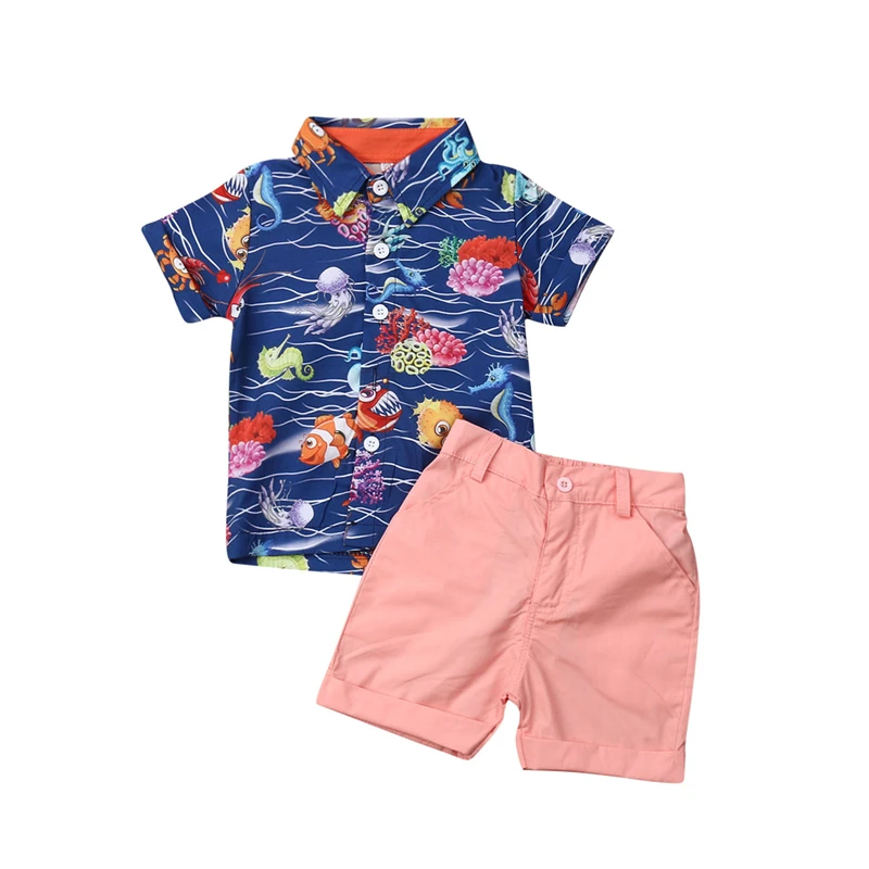 

2019 Toddler Kids Baby Boys Summer Clothes Set Short Sleeve Ocean Blue Buttons Shirt Tops Pink Shorts Outfits Clothing 2PCs