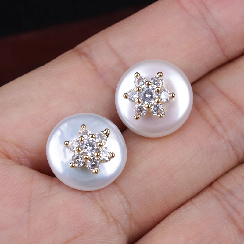 multi options pattern choosable micro pave colorful cz gold tiny charm natural coin freshwater pearl stud earrings for women