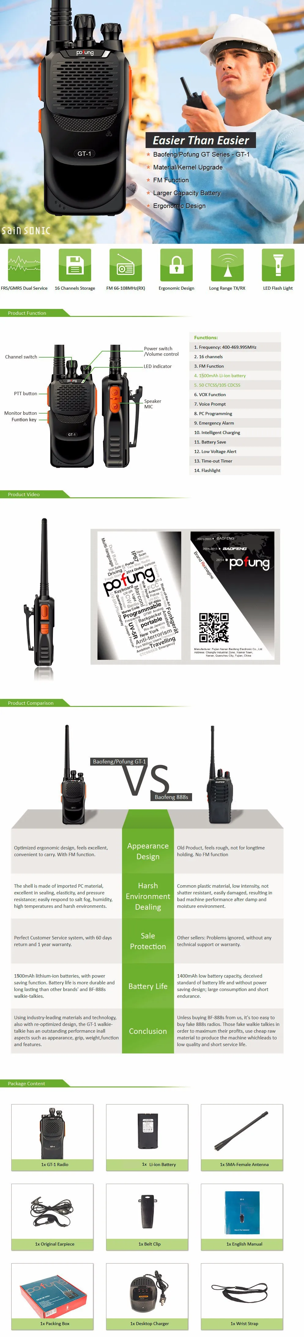 Baofeng Pofung GT-1 UHF 400-470MHz 5W 16CH двухсторонняя радиоприемная рация, трансивер гораздо лучше, чем BF-888s