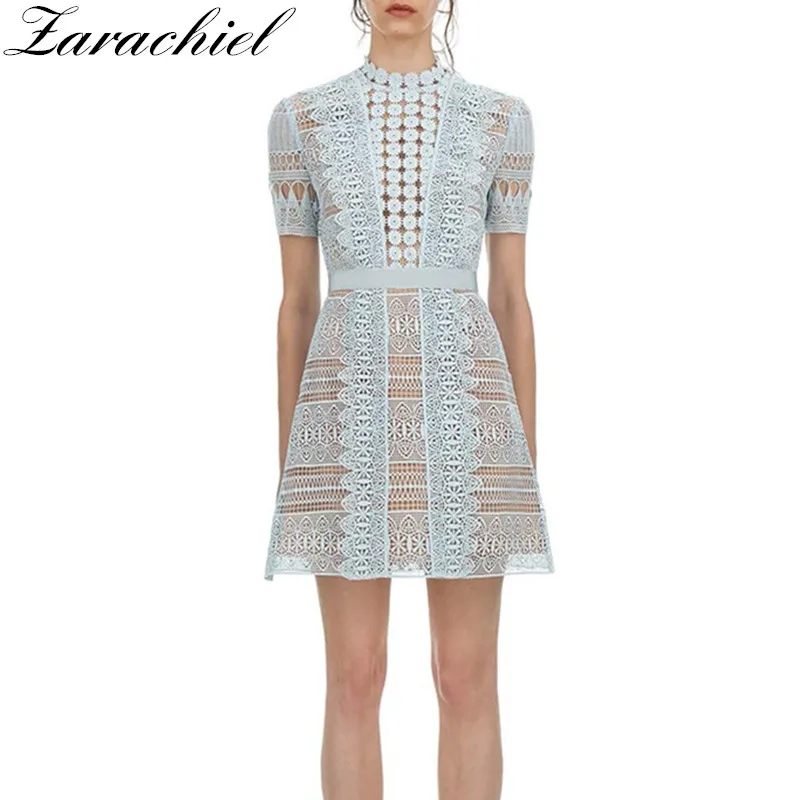 

self portait 2019 Spring Summer Runway Hollow Out Sky Blue Water Soluble Lace Dress Women Sexy Short Sleeve Mini Dress Vestidos