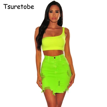 

Tsuretobe Sexy Fluorescent Ripped Mini Skirt Woman Tight Party Night Club Skirt Lady Elastic High Waist Denim Short Skirt Female