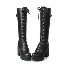 Knee High Boots High Heel Leather Women Winter Boots Fashion Round Toe Cosplay Platform Women Shoes Lace Up Warm Boots Size34-43 women genuine leather side zipper comfortable square heel knee high boots fashion round toe keep warm winter shoes b